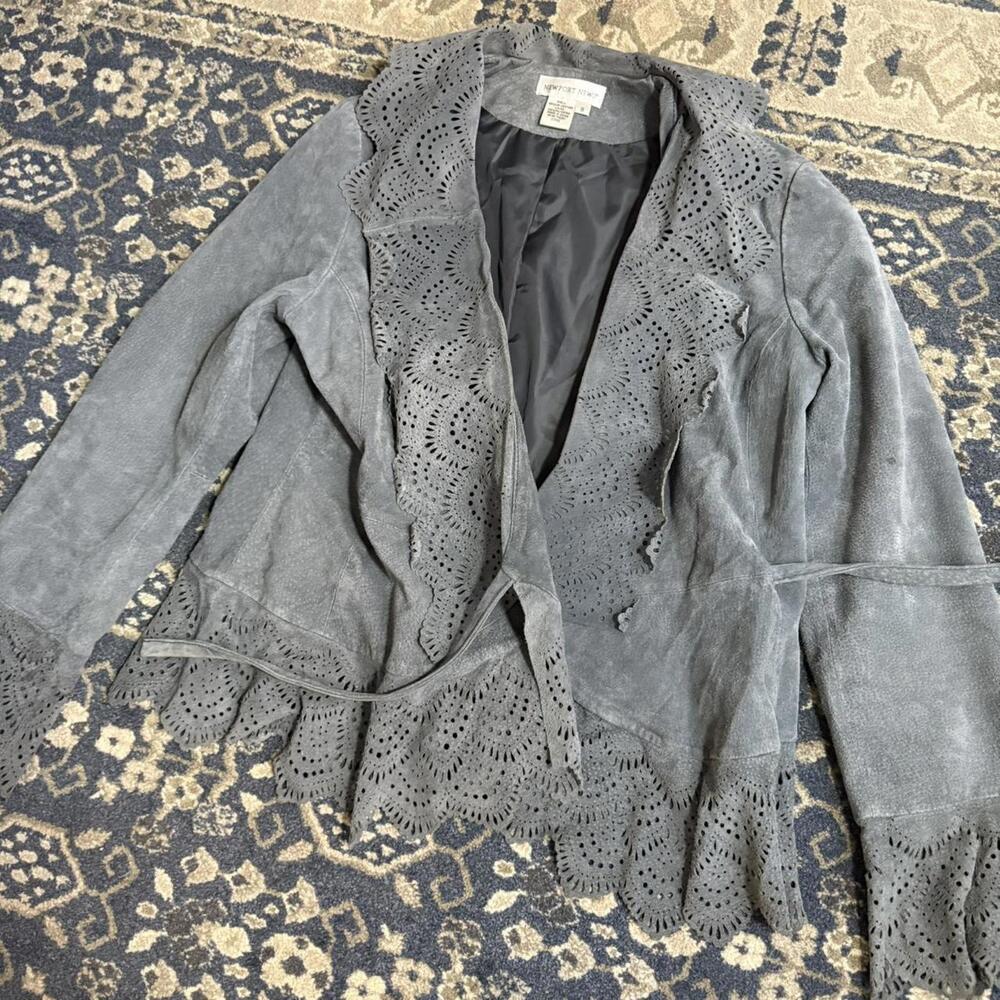 Newport News Genuine Suede Leather Blazer Jacket Womens M Western Laser Cut Gray